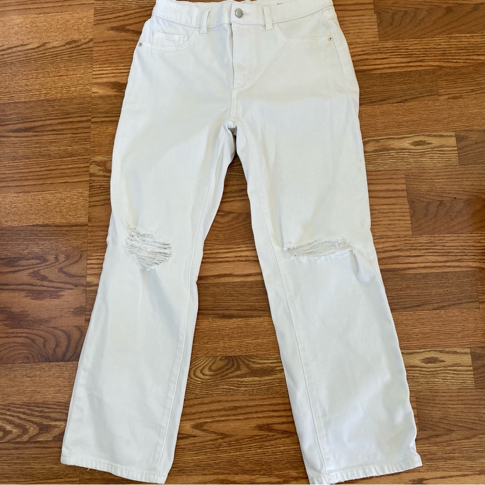 DL1961 Womens Patti White Distressed Stretch High-Rise Straight Vintage Ankle